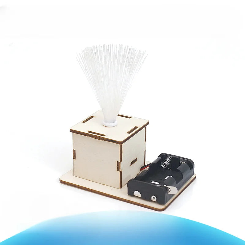 DIY electric fiber optic lamp made of wood from children’s educational STEM building kit